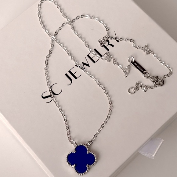 Royal Blue Clover Necklace Silver Tone Chain Double Sided - Picture 3 of 10